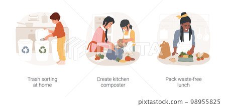 Garbage sorting isolated cartoon vector illustration set. Reduce reuse recycle, trash sorting at home, create kitchen composter, pack waste-free lunch, eco-friendly lifestyle vector cartoon. Garbage sorting isolated cartoon vector illustration set. Reduce reuse recycle, trash sorting at home, create kitchen composter, pack waste-free lunch, eco-friendly lifestyle vector cartoon. 98955825