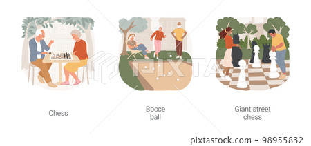 Community games isolated cartoon vector illustration set. Senior people playing chess in park, bocce ball game, diverse people moving giant street chess figures, outdoor recreation vector cartoon. 98955832