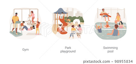 Common sport amenities isolated cartoon vector illustration set. Community fitness club, residential area gym, local park playground, suburban residential area, swimming pool vector cartoon. 98955834