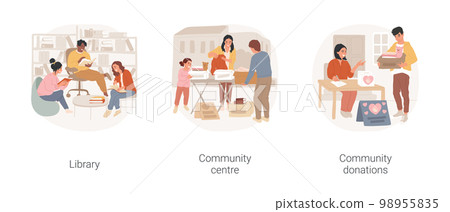Community living isolated cartoon vector illustration set. People in a local library, sitting together in reading room, community center, charity and donations, volunteering vector cartoon. 98955835