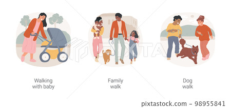 Going for a walk isolated cartoon vector illustration set. Walking with baby, mom with stroller, family on a stroll, holding hands, walk with dog, happy kids with a pet on a leash vector cartoon. Going for a walk isolated cartoon vector illustration set. Walking with baby, mom with stroller, family on a stroll, holding hands, walk with dog, happy kids with a pet on a leash vector cartoon. 98955841
