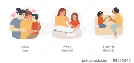 Express positive emotions isolated cartoon vector illustration set. Show love to family members, hugging and kissing, praise the child, high five, listen to your kid, share emotion vector cartoon. 98955845