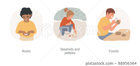 Collecting nature items isolated cartoon vector illustration set. Boy with handful of colorful rocks, girl proud of seashell and pebble collection, collecting fossils, rare items vector cartoon. Collecting nature items isolated cartoon vector illustration set. Boy with handful of colorful rocks, girl proud of seashell and pebble collection, collecting fossils, rare items vector cartoon. 98956364