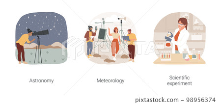Natural science hobbies isolated cartoon vector illustration set. Study astronomy, watch stars through telescope, meteorology as hobby, predict weather, do scientific experiment vector cartoon. 98956374