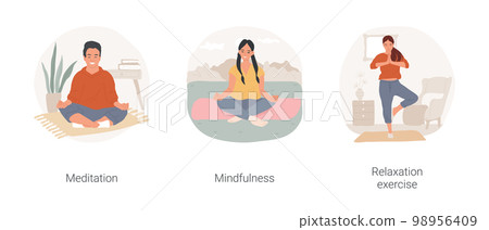 Stress management isolated cartoon vector illustration set. Person practice mindfulness, sit in meditation pose, keeping hands in mudra gesture, relaxation exercise, manage emotions vector cartoon. Stress management isolated cartoon vector illustration set. Person practice mindfulness, sit in meditation pose, keeping hands in mudra gesture, relaxation exercise, manage emotions vector cartoon. 98956409