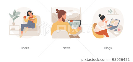 Self-development isolated cartoon vector illustration set. Woman holding a cup of coffee and reading a book, man reading news online, young teen reading online blog, new information vector cartoon. 98956421