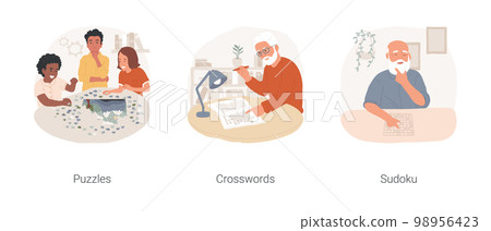 Developmental games isolated cartoon vector illustration set. Group of kids play jigsaw puzzles, senior man doing crosswords at home, elderly woman solve sudoku, brain training game vector cartoon. Developmental games isolated cartoon vector illustration set. Group of kids play jigsaw puzzles, senior man doing crosswords at home, elderly woman solve sudoku, brain training game vector cartoon. 98956423