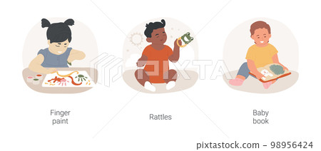 Infant mental development game isolated cartoon vector illustration set. Kid drawing with finger, colorful paint set, newborn with bright rattle, baby with texture book, infant toy vector cartoon. 98956424
