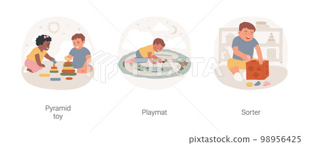 Infant games isolated cartoon vector illustration set. Baby playing with educational pyramid toys, happy infant lying on playmat, sorter brain toy, child mental development vector cartoon. 98956425