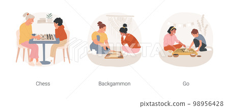 Board games isolated cartoon vector illustration set. Child play chess with grandmother, backgammon night, go board game, mental development, mind challenge, leisure activity vector cartoon. 98956428
