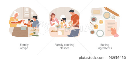 Family cooking isolated cartoon vector illustration set. Grandma recipe, family cooking tradition, watching lesson online, baking together, fresh ingredients, homemade pastry vector cartoon. 98956430