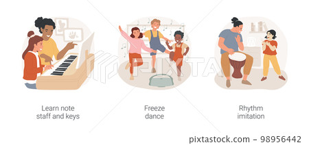 Baking together isolated cartoon vector illustration set. Baking cookies of funny shape, homemade pastry, paren and kids making bread dough, family flour fight, laughing together vector cartoon. Baking together isolated cartoon vector illustration set. Baking cookies of funny shape, homemade pastry, paren and kids making bread dough, family flour fight, laughing together vector cartoon. 98956442
