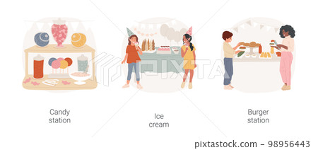 Hope party food ideas isolated cartoon vector illustration set. Candy station, sweet buffet, homemade ice cream, waffle cones, make your own burger, hamburger ingredient, home party vector cartoon. Hope party food ideas isolated cartoon vector illustration set. Candy station, sweet buffet, homemade ice cream, waffle cones, make your own burger, hamburger ingredient, home party vector cartoon. 98956443