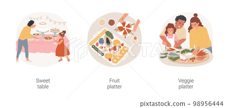 Waiting for guests isolated cartoon vector illustration set. Make sweet station, put plates with dessert on table, prepare fruit platter, slicing watermelon, veggie appetizer vector cartoon. 98956444