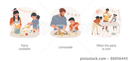 Home party isolated cartoon vector illustration set. Family make party cocktail, child use blender, prepare lemonade, kid squeezing lemon juice, party is over, cleaning mess vector cartoon. Home party isolated cartoon vector illustration set. Family make party cocktail, child use blender, prepare lemonade, kid squeezing lemon juice, party is over, cleaning mess vector cartoon. 98956445