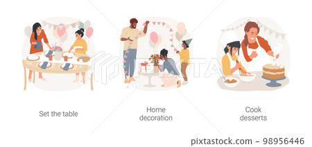 Home party preparations isolated cartoon vector illustration set. Set the table, kids put plates on table, home party decoration, child and father hang flags, family cook dessert vector cartoon. 98956446