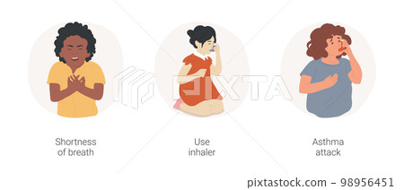 Childhood asthma isolated cartoon vector illustration set. Shortness of breath, asthma symptom, child with open mouth, kid use inhaler, asthma attack, childhood health problem vector cartoon. Childhood asthma isolated cartoon vector illustration set. Shortness of breath, asthma symptom, child with open mouth, kid use inhaler, asthma attack, childhood health problem vector cartoon. 98956451