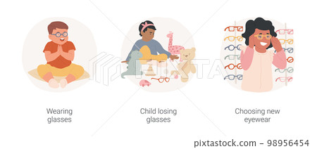Childhood myopia isolated cartoon vector illustration set. Cute toddler wearing glasses, child losing eyeglasses, childhood habit, parent choosing new eyewear with kid, eye problem vector cartoon. 98956454