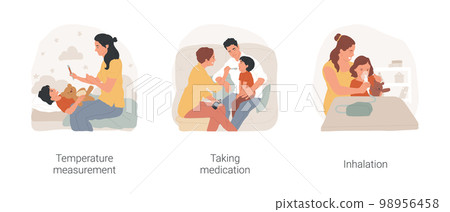 Seasonal flu isolated cartoon vector illustration set. Temperature measurement, child taking medication, give syrup on a spoon, home inhalation procedure, cold and flu treatment vector cartoon. Seasonal flu isolated cartoon vector illustration set. Temperature measurement, child taking medication, give syrup on a spoon, home inhalation procedure, cold and flu treatment vector cartoon. 98956458