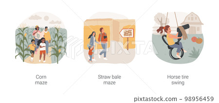 Family outdoor fun activities isolated cartoon vector illustration set. Parents and kids walk together in a corn maze, labyrinth made with straw bales, child in diy horse tire swing vector cartoon. 98956459