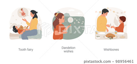 Making wishes isolated cartoon vector illustration set. Tooth fairy visit belief, telling legend to child, blow off dandelion, wishbone tradition, kid and father holding forked bone vector cartoon. Making wishes isolated cartoon vector illustration set. Tooth fairy visit belief, telling legend to child, blow off dandelion, wishbone tradition, kid and father holding forked bone vector cartoon. 98956461