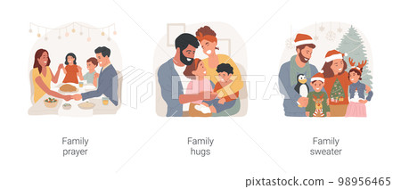 Family tradition isolated cartoon vector illustration set. People pray together, holding hands in prayer, happy moment, hug each other, family members wearing same sweater design vector cartoon. 98956465