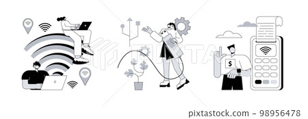 Device connectivity abstract concept vector illustration set. Wi-fi, USB and NFC connection, network access, cable data transfer, hard drive, USB port, contactless card payment abstract metaphor. 98956478