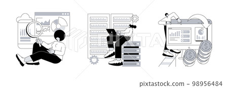Data business strategy abstract concept vector illustration set. Data driven business model, database, data monetization, decision making, information storage, analysis service abstract metaphor. 98956484