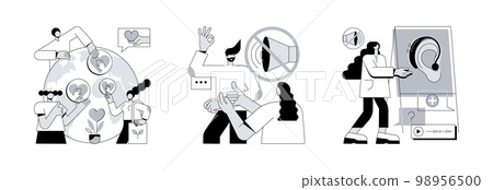 Social engagement abstract concept vector illustration set. Social participation, sign language conversation, assistive hearing device, hand alphabet, deaf people, gesture language abstract metaphor. 98956500