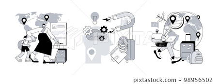 Human capital abstract concept vector illustration set. International migration, brain drain, digital nomad, trained workers, buisness start up, leave country, freelance job abstract metaphor. Human capital abstract concept vector illustration set. International migration, brain drain, digital nomad, trained workers, buisness start up, leave country, freelance job abstract metaphor. 98956502