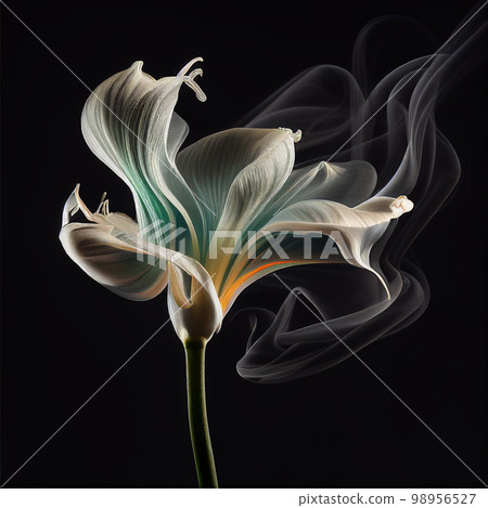 Contours of beautiful white lily flower in smoke on black background, fantastic magic background, unusual beautiful wallpaper 98956527
