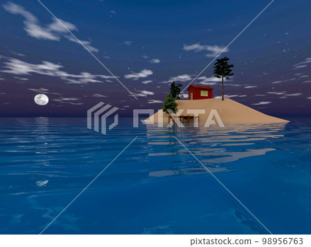 Illustration of a small house on a small solitary island floating in the moonlit ocean Illustration of a small house on a small solitary island floating in the moonlit ocean 98956763