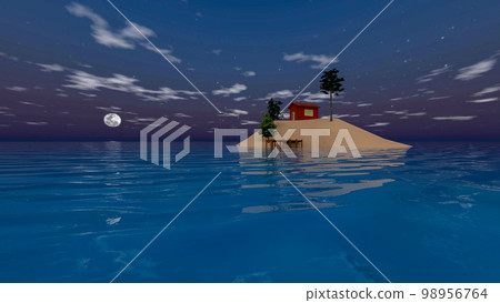 漂浮在月光下的海洋中的孤島上的小房子插畫 漂浮在月光下的海洋中的孤島上的小房子插畫 98956764