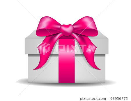 White color gift box. Realistic gift box, with the pink satin bow, isolated of background. Present box, tied with pink wrapping ribbon. Vector illustration, no raster 98956775
