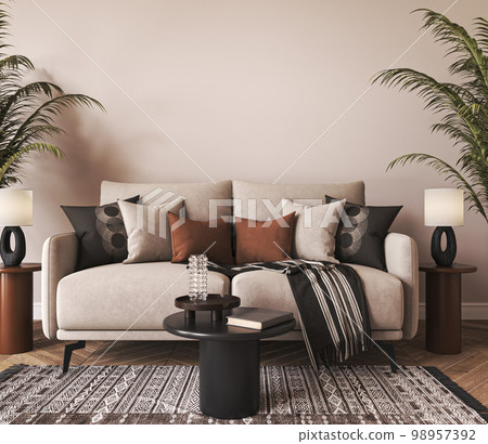Home interior with light beige sofa, table and decor in boho scandi living room. Wall mock up. 3d render. High quality 3d illustration 98957392