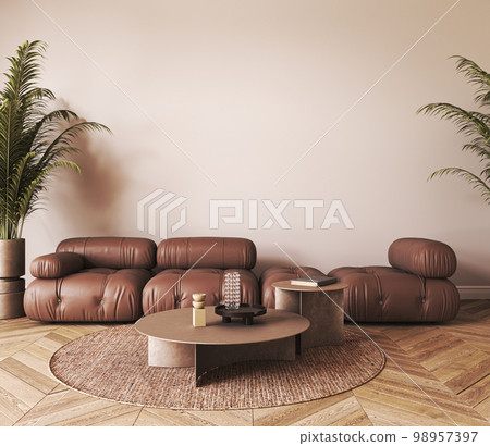 House interior with ethnic boho decoration. Mockup light wall. Living room in brown warm color. 3d render. High quality 3d illustration 98957397
