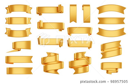Golden ribbon banner 3d render - set of gold glossy text box for sale or discount promotion sign. 98957505