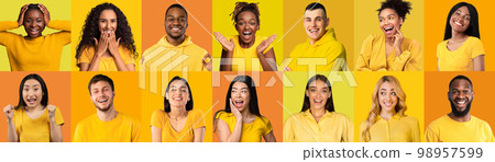 Emotional multiethnic millennials in yellow having fun on colorful backgrounds 98957599