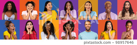 Stylish multiethnic millennials sharing positive emotions, collage 98957646