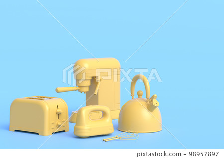 Espresso coffee machine, hand mixer, kettle and toaster on monochrome background Espresso coffee machine, hand mixer, kettle and toaster on monochrome background 98957897