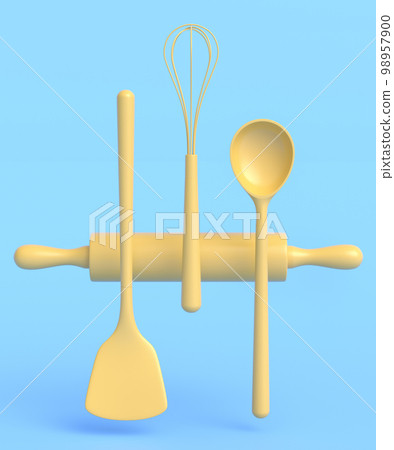 Wooden kitchen utensils, tools and equipment on monochrome background. 98957900