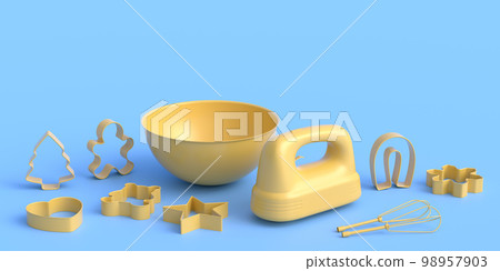 Metal bowl with electric mixer and cookie cutters on monochrome background Metal bowl with electric mixer and cookie cutters on monochrome background 98957903