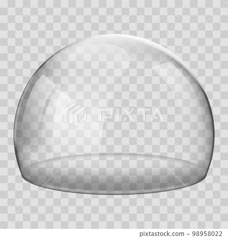 Glass dome. 3D Realistic spherical kitchen utensils, laboratory or exhibition case. Vector isolated glossy shape of showcase safety on transparent background Glass dome. 3D Realistic spherical kitchen utensils, laboratory or exhibition case. Vector isolated glossy shape of showcase safety on transparent background 98958022