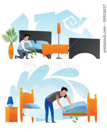 Man keep money under bed mattress. Male character poor financial literacy, cash saving, cartoon vector illustration isolated on white. Dollar stash in bad place, person get cash 98958037