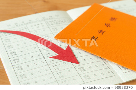 Pension book and downward arrow Pension system Retirement Pension life Pension book and downward arrow Pension system Retirement Pension life 98958370