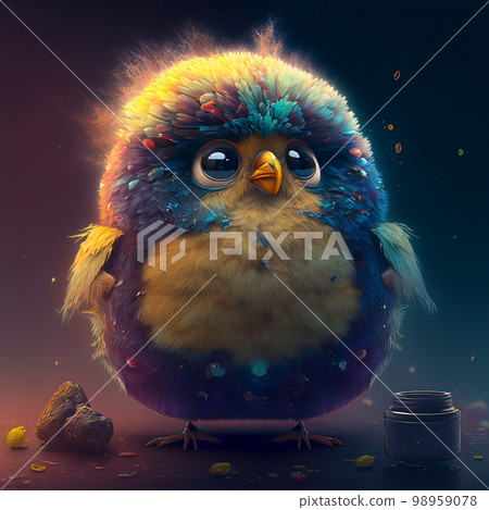 Character Portrait Closeup Super Fluffy Sad Blue Bird with Colorful Feathers and Wings Glittering and Soft 98959078