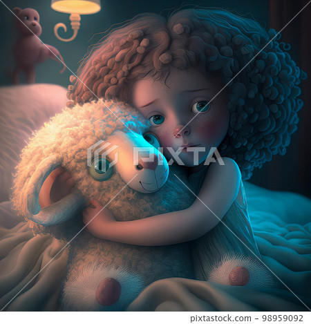 Fantasy Art Little Girl Hugging a Stuffed Sheep on a Bed Fantasy Art Little Girl Hugging a Stuffed Sheep on a Bed 98959092