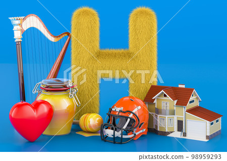 Kids ABC, fluffy letter H with home, heart, helmet, harp, honey. 3D rendering Kids ABC, fluffy letter H with home, heart, helmet, harp, honey. 3D rendering 98959293