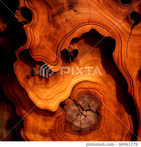 Brown Burl wood surface abstract background. Decorative timber panel closeup, detailed wooden texture. Natural brown wood material abstract pattern. 98961179