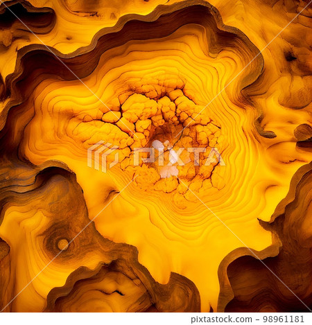 Yellow Burl wood surface abstract background. Decorative timber panel closeup, detailed wooden texture. Natural material dyed Yellow wood abstract pattern. 98961181